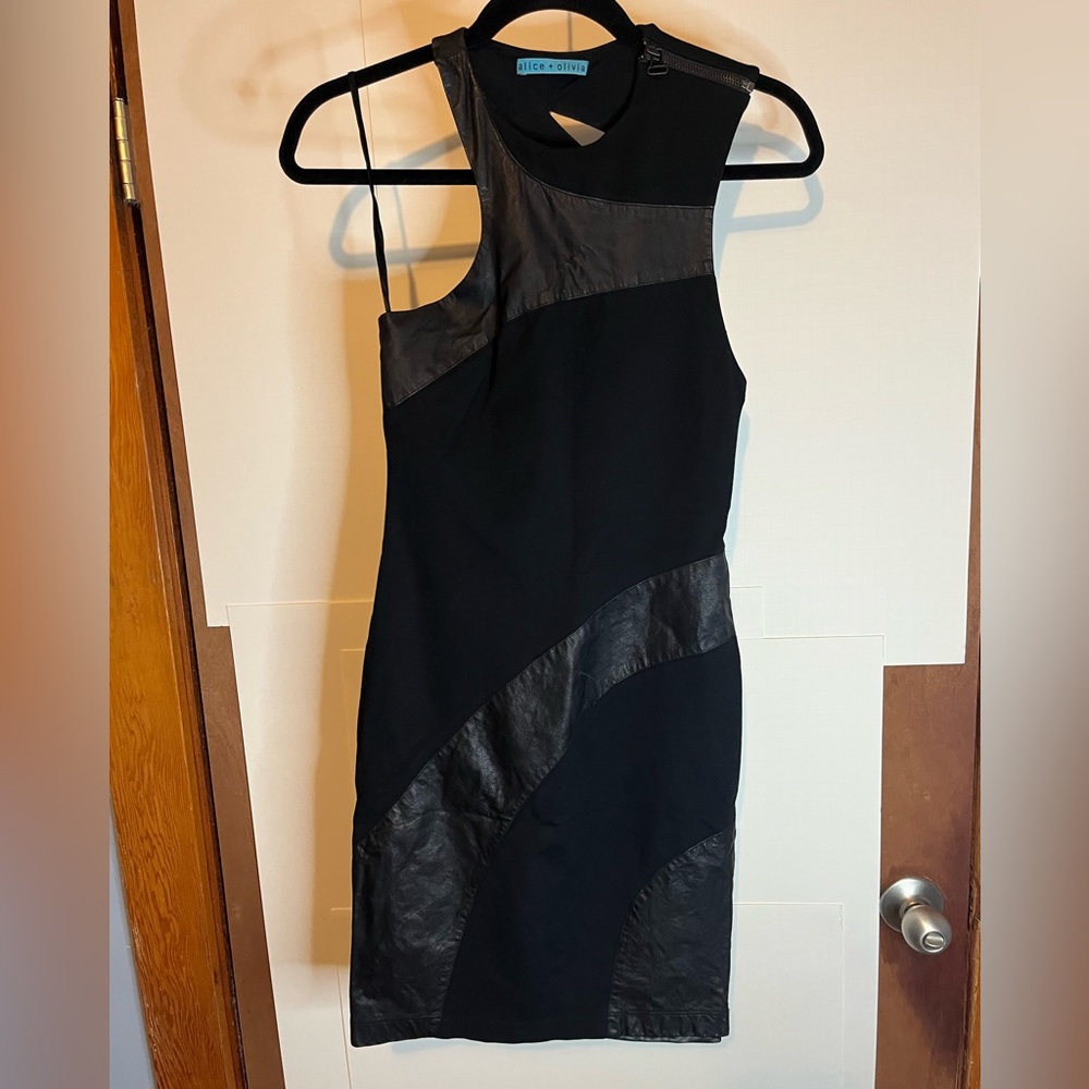 Alice & Olivia Black Ponte Cutout Faux Leather Striped Dress
